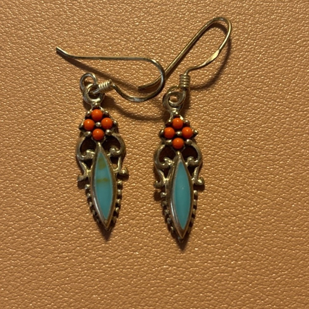 925 Sterling Silver Turquoise Coral Southwestern Drop Earrings French Hook